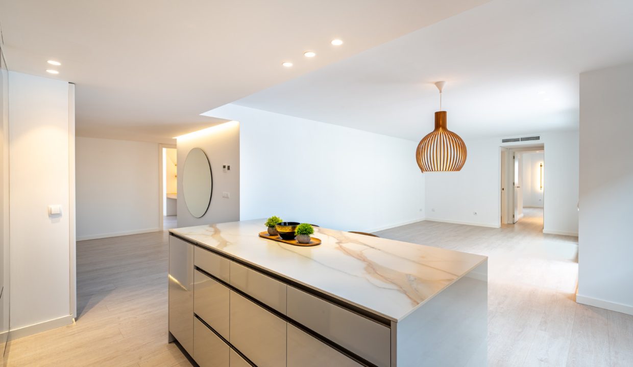 Cocina integrada a gran salon con terraza